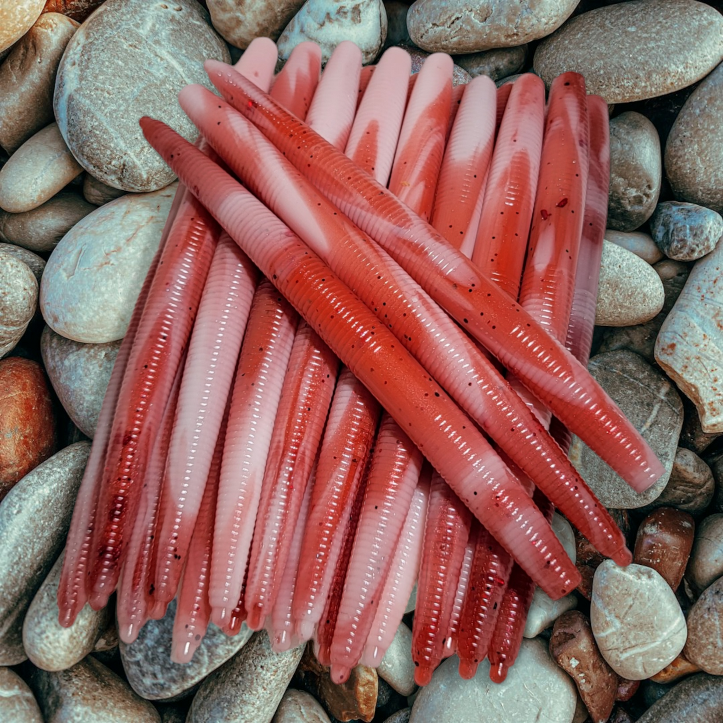 5-inch Nasties Stick Worms, 10-pack pink/red salt-free soft plastic lures; riggable for Texas, Carolina, wacky, or shaky head.