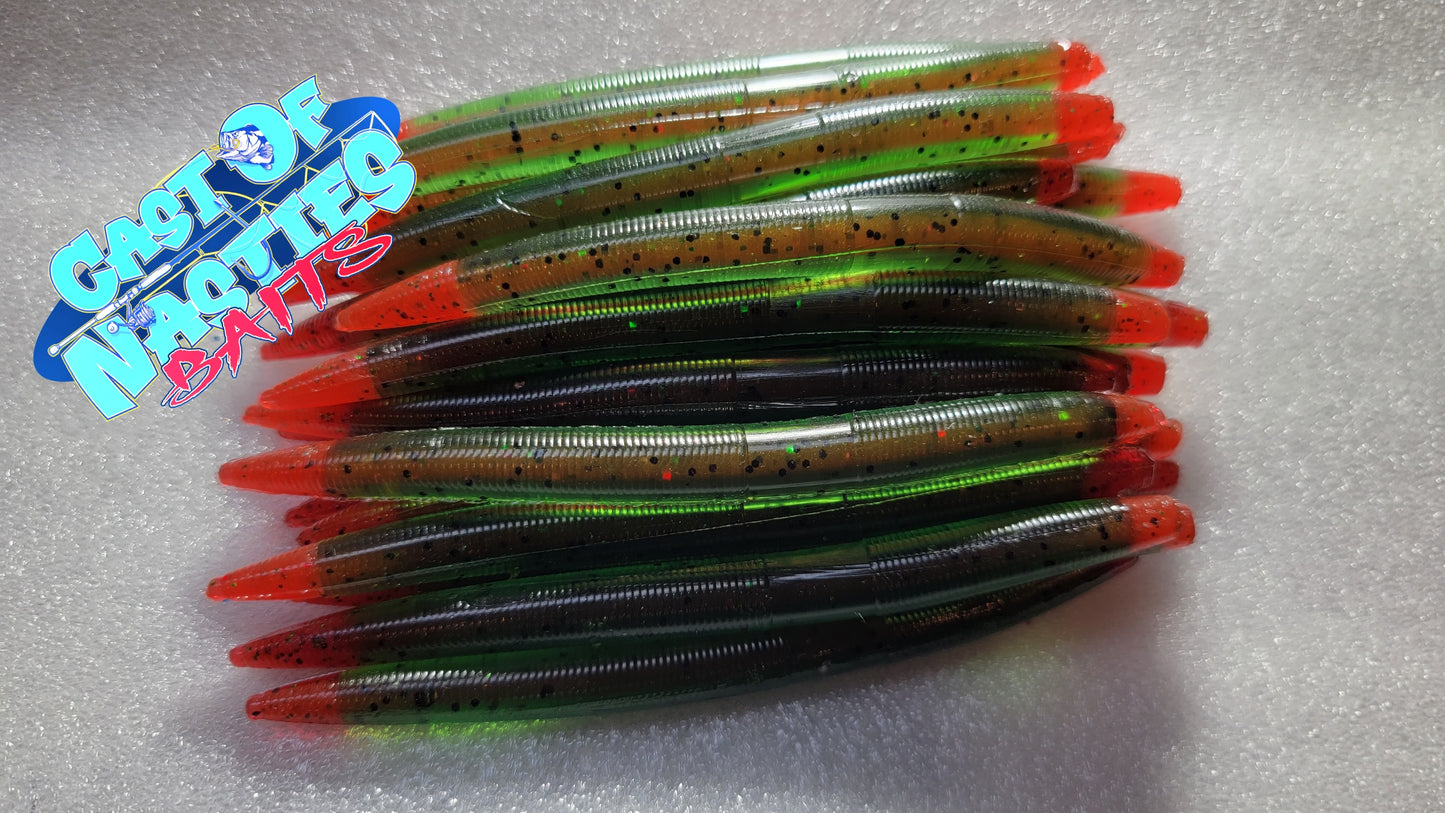 Nasties Stick Worms, 5-inch, 10-pack, salt-free soft plastics in neon green with orange tips and black speckles.