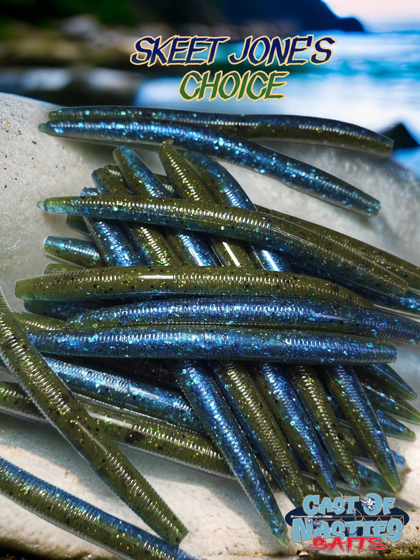 Nasties Stick Worms: 5" soft plastic, 10pk, salt-free; versatile rigs: Texas, Carolina, Wacky, Shakyhead, weighted.