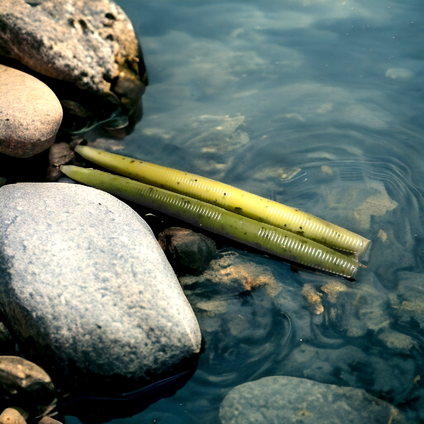 Nasties Stick Worms, 5-inch soft plastic fishing worms (no salt), green duo on river rocks.