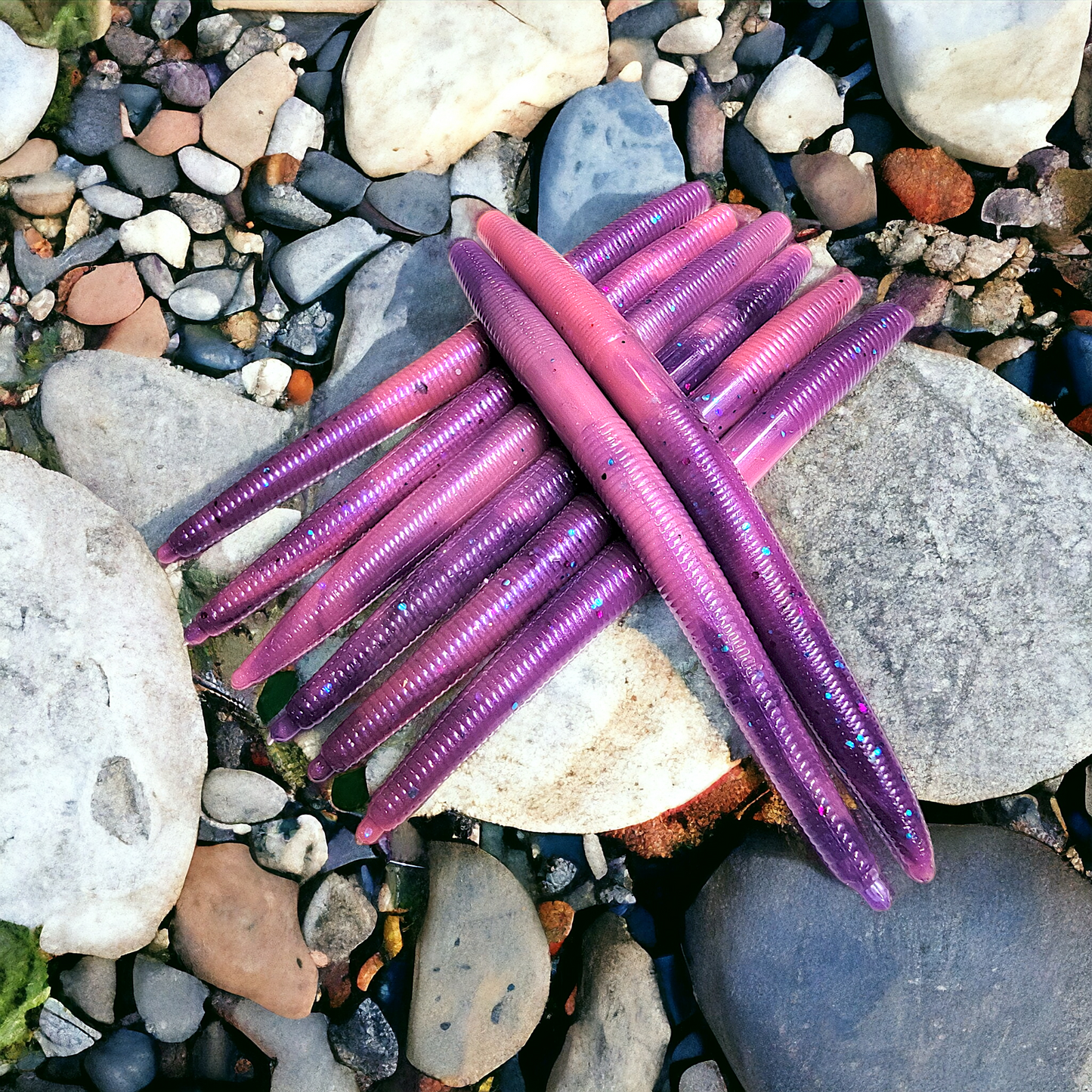 Nasties Stick Worms, 5-inch, purple, 10-pack, salt-free soft plastic fishing worms.